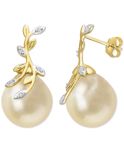 Cultured Golden South Sea Pearl (12mm) & Diamond (1/20 ct. t.w.) Vine Stud Earrings in 14k Gold