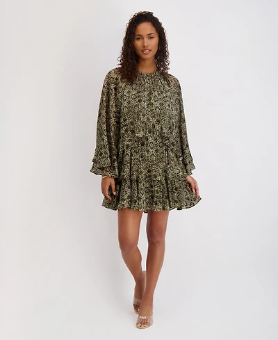 kensie Women's Printed Ruffled Volume-Sleeve Tiered Dress
