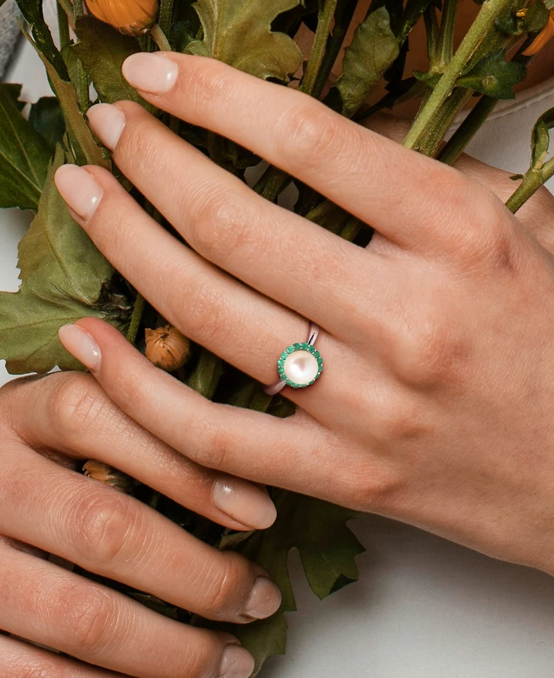 Cultured Freshwater Pearl (7-7.5mm) & Emerald (1/3 ct. t.w.) Ring Sterling Silver