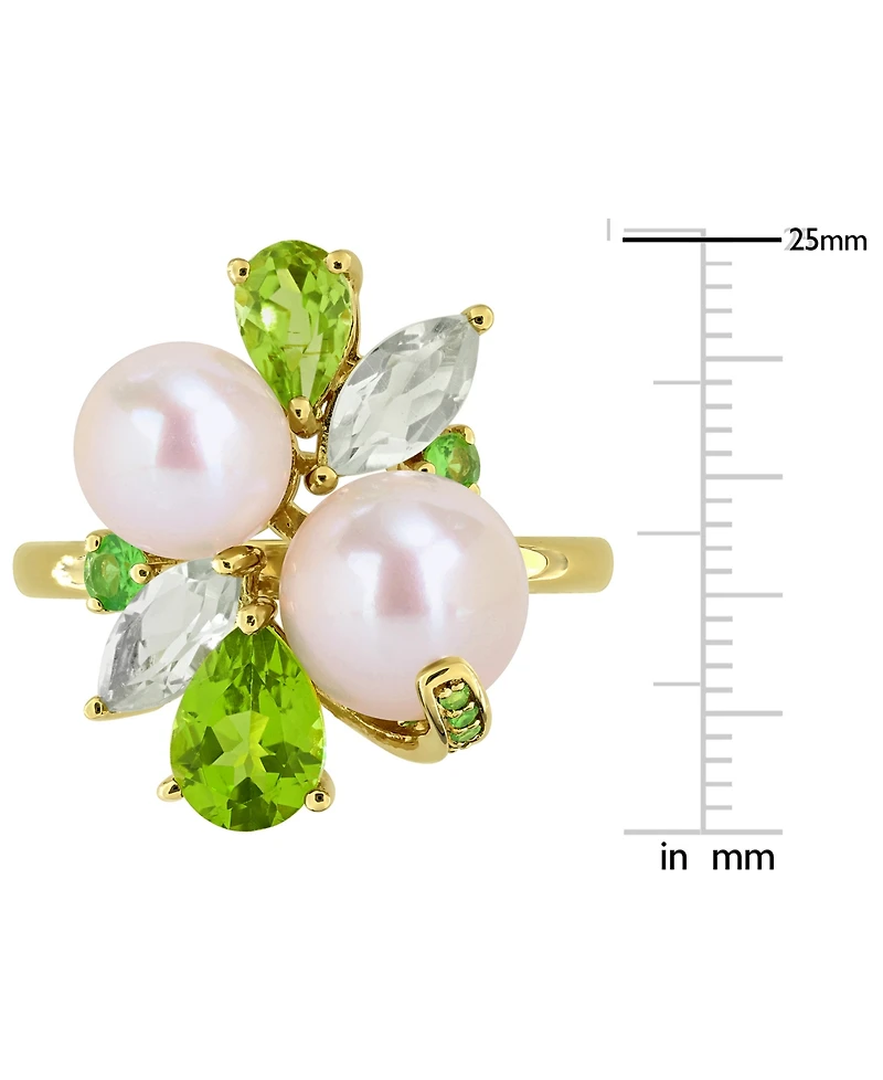 Cultured Freshwater Pearl (7-8.5mm) Multi-Gemstone (1-3/4 ct. t.w.) Ring 18k Gold-Plated Sterling Silver