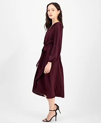 Connected Petite Long-Sleeve Tied Wrap Dress