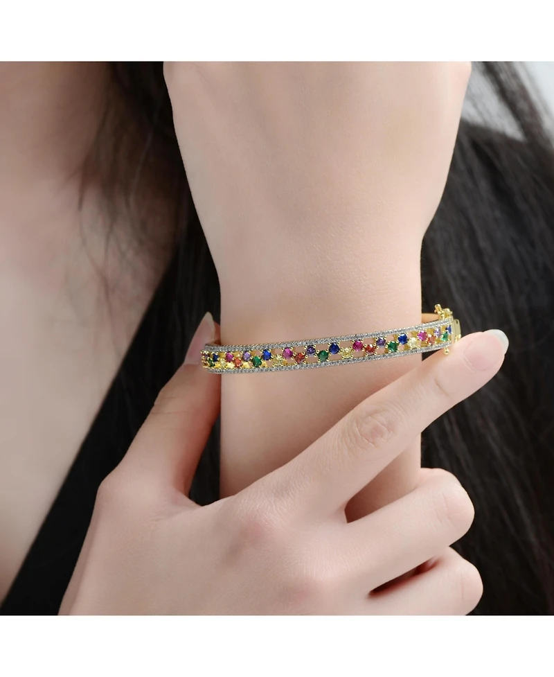 Rachel Glauber 14K Gold Plated with Round Clear & Multi-Colored Cubic Zirconia Bangle Bracelet