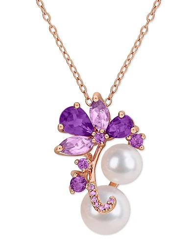 Macy's Cultured Freshwater Pearl (7 & 8-1/2mm) & Amethyst (5/8 ct.t.w.) Cluster 18" Pendant Necklace in 18k Rose Gold Flash-Plated Sterling Silver