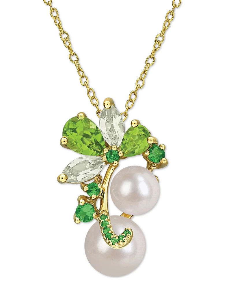 Cultured Freshwater Pearl (7 & -1/2) & Multi-Gemstone Cluster 18" Pendant Necklace in 18k Gold Flash-Plated Sterling Silver
