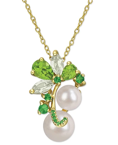 Cultured Freshwater Pearl (7 & -1/2) & Multi-Gemstone Cluster 18" Pendant Necklace in 18k Gold Flash-Plated Sterling Silver