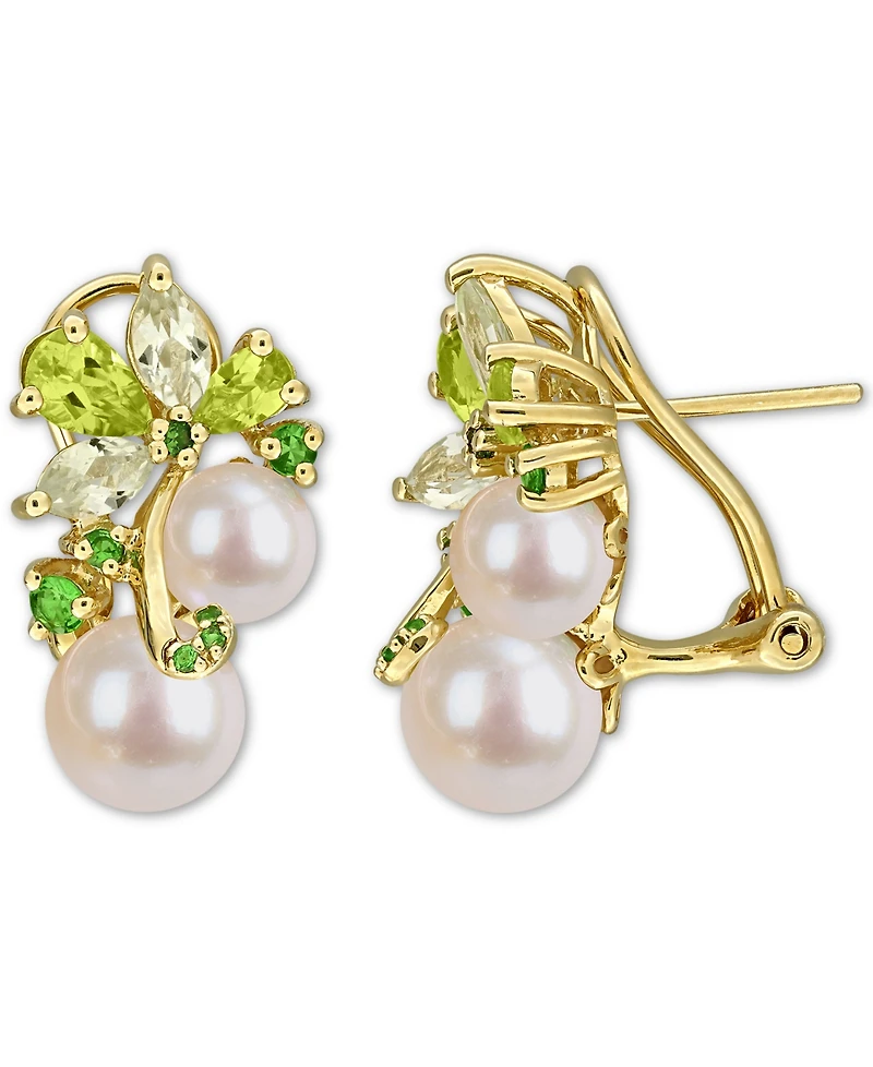 Cultured Freshwater Pearl (6 & 8mm) & Multi-Gemstone (2-1/2 ct. t.w.) Cluster Omega Earrings in 18k Gold Flash-Plated Sterling Silver