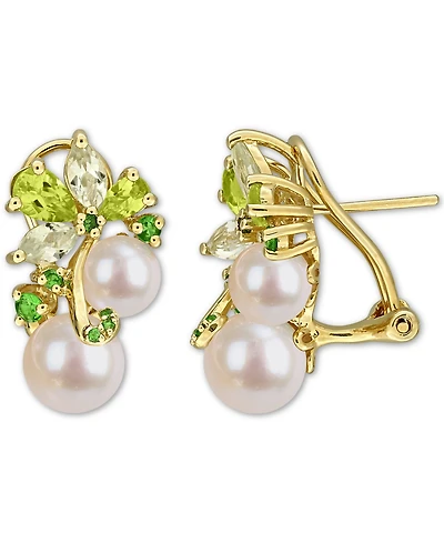 Cultured Freshwater Pearl (6 & 8mm) & Multi-Gemstone (2-1/2 ct. t.w.) Cluster Omega Earrings in 18k Gold Flash-Plated Sterling Silver