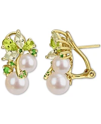 Cultured Freshwater Pearl (6 & 8mm) & Multi-Gemstone (2-1/2 ct. t.w.) Cluster Omega Earrings in 18k Gold Flash-Plated Sterling Silver