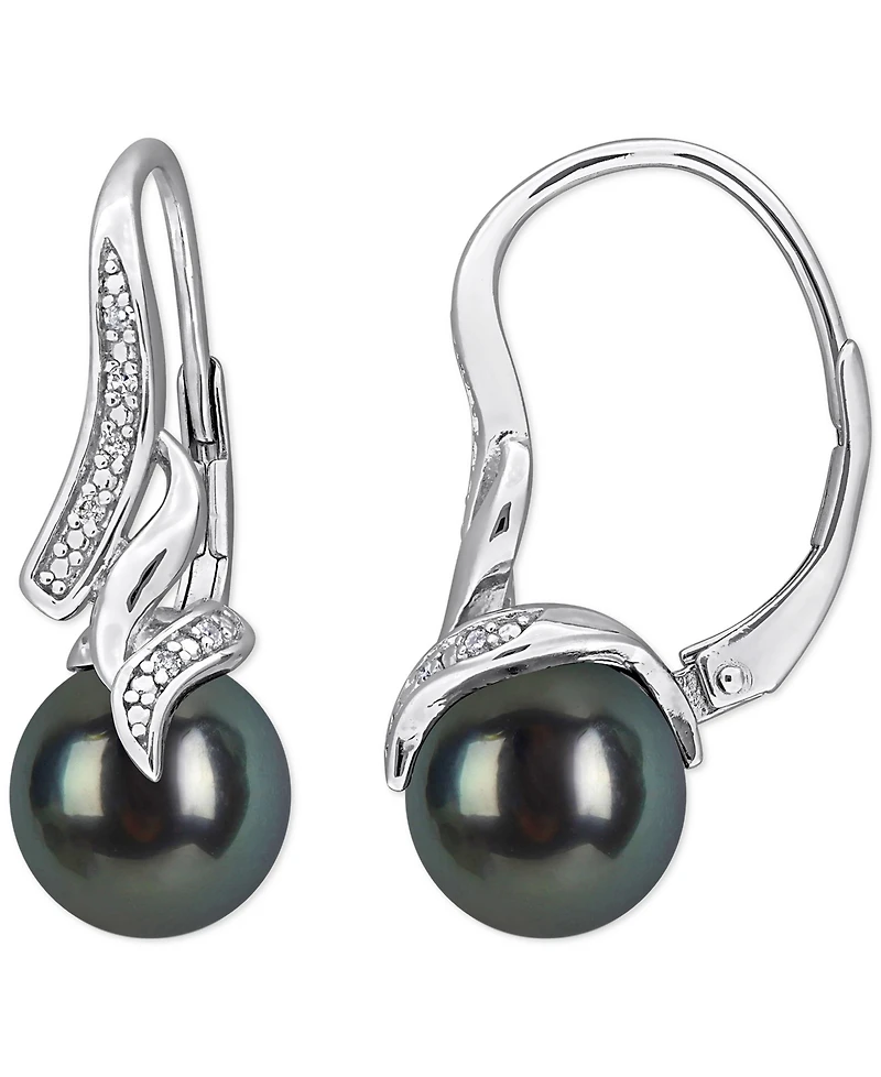 Cultured Tahitian Pearl (8-8.5mm) Diamond Accent Earrings in Sterling Silver