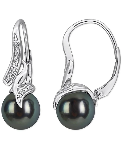 Cultured Tahitian Pearl (8-8.5mm) Diamond Accent Earrings in Sterling Silver