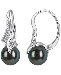 Cultured Tahitian Pearl (8-8.5mm) Diamond Accent Earrings in Sterling Silver