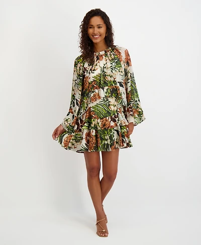 kensie Women's Printed Ruffled Volume-Sleeve Tiered Dress