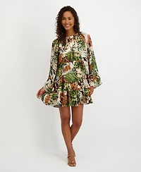 kensie Women's Printed Ruffled Volume-Sleeve Tiered Dress