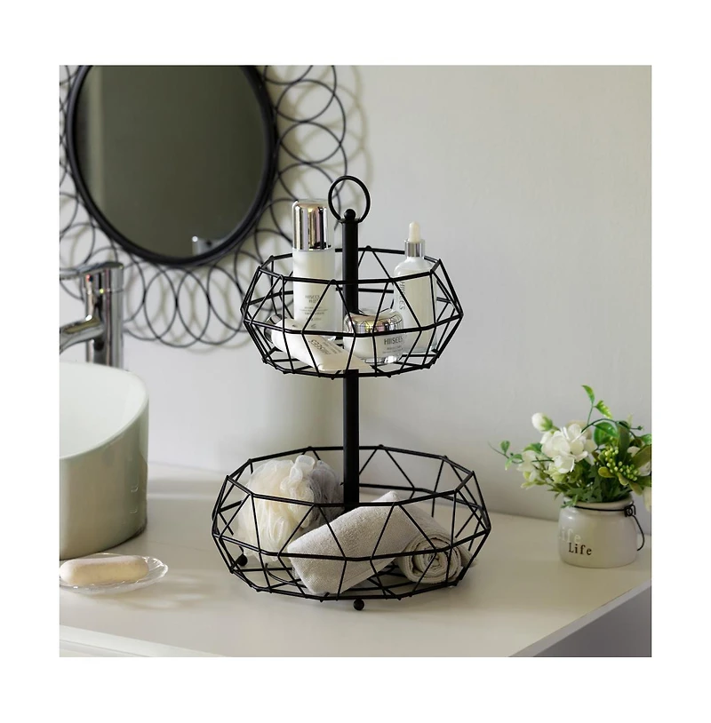 Basicwise 2 Tier Free Standing Countertop Fruit Basket for Kitchen | Detachable Carbon Steel Stable Fruit Storage Organizer for Breads, Snacks, and Ve