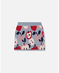 Deux par Girl Knit Skirt Blue and Red with Apple Heart Jacquard