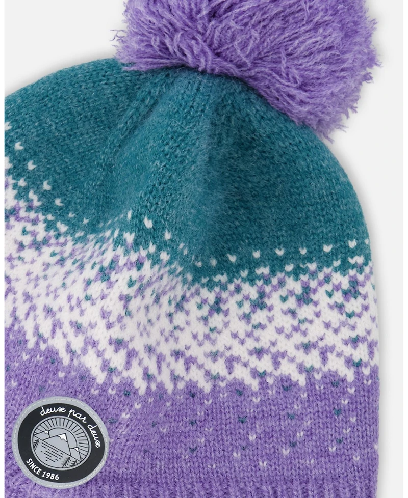 Deux par Girl Lined Peruvian Knit Hat with Pompom Lilac and Green - Toddler|Child