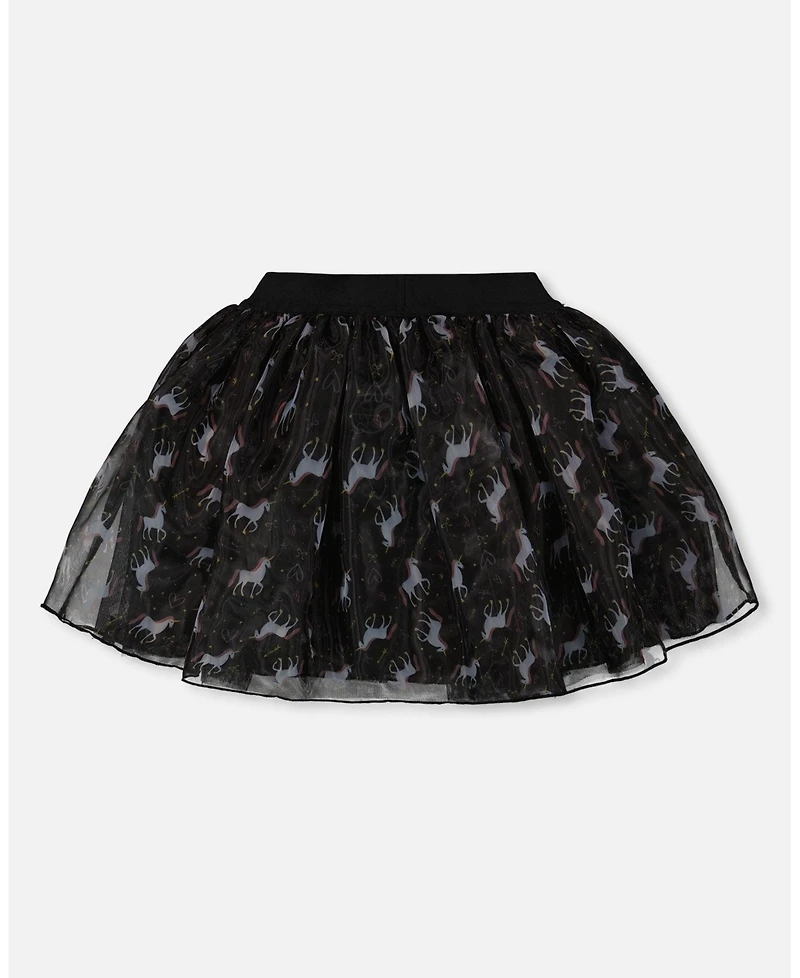 Deux par Girl Organza and Mesh Skirt Black with Unicorn Print - Child