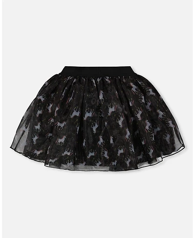 Deux par Girl Organza and Mesh Skirt Black with Unicorn Print - Child