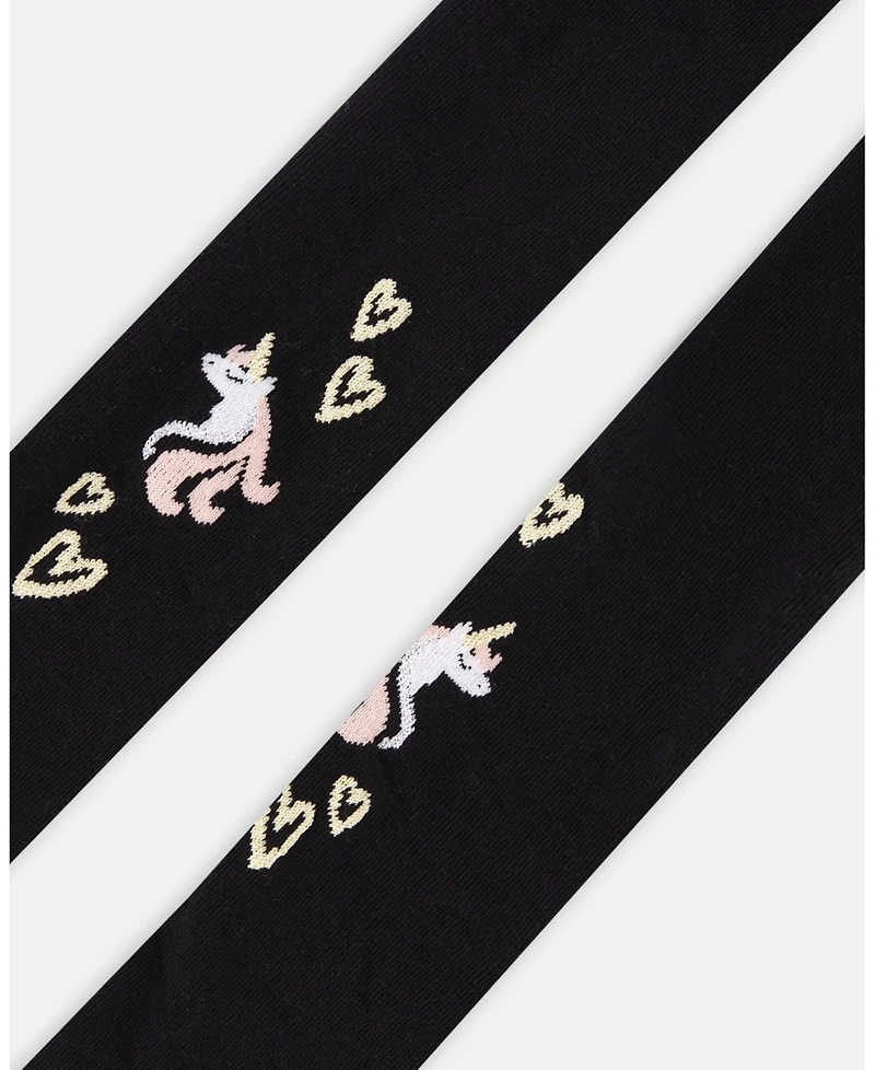 Deux par Girl Knit Tights Black with Unicorns and Hearts - Toddler|Child