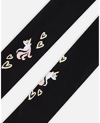 Deux par Girl Knit Tights Black with Unicorns and Hearts - Toddler|Child
