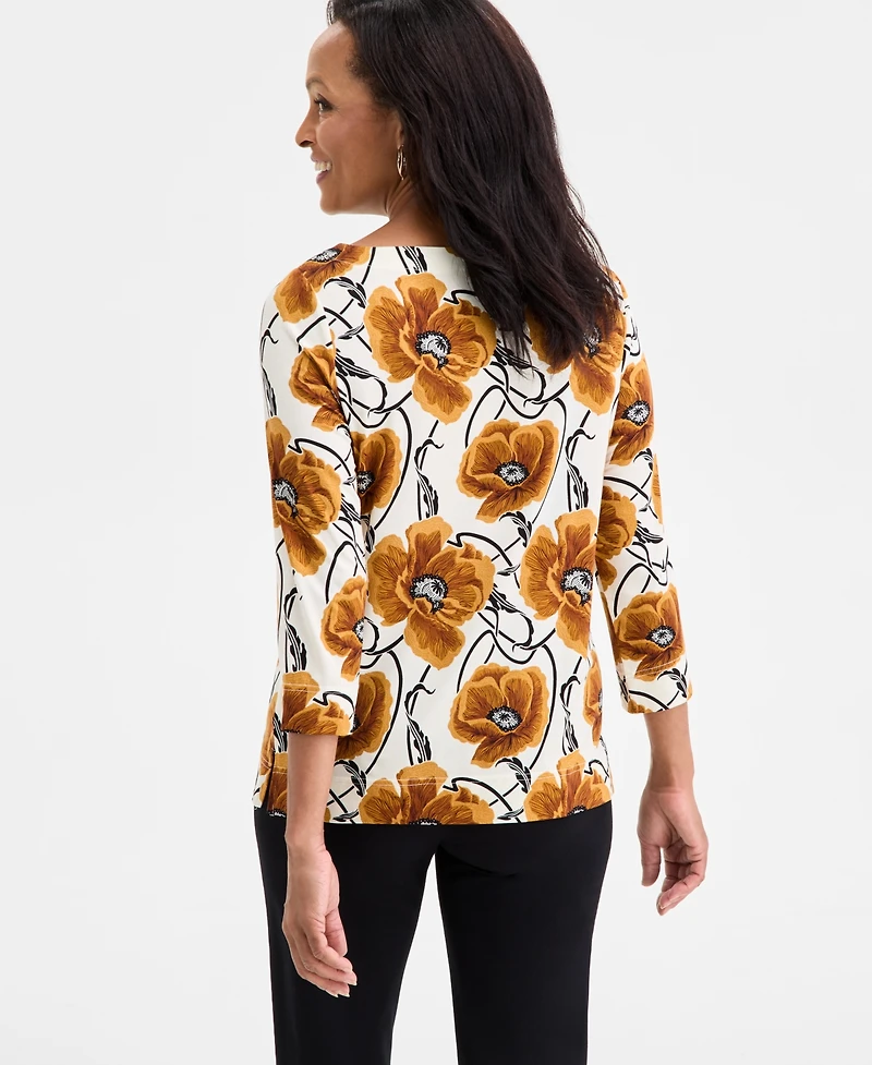 Jm Collection Women's Floral Print 3/4-Sleeve Boat-Neck Top, Macy's Exclusive