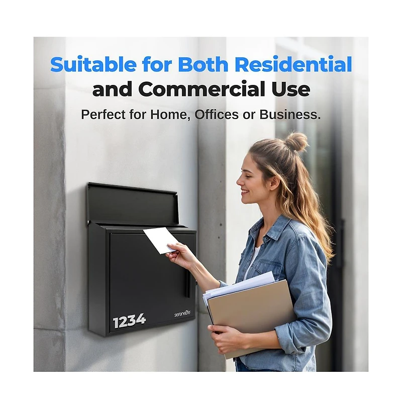 SereneLife Outdoor Wall Mount Locking Mailbox Apartment Letter Organizer, Includes 2 Keys (Black)