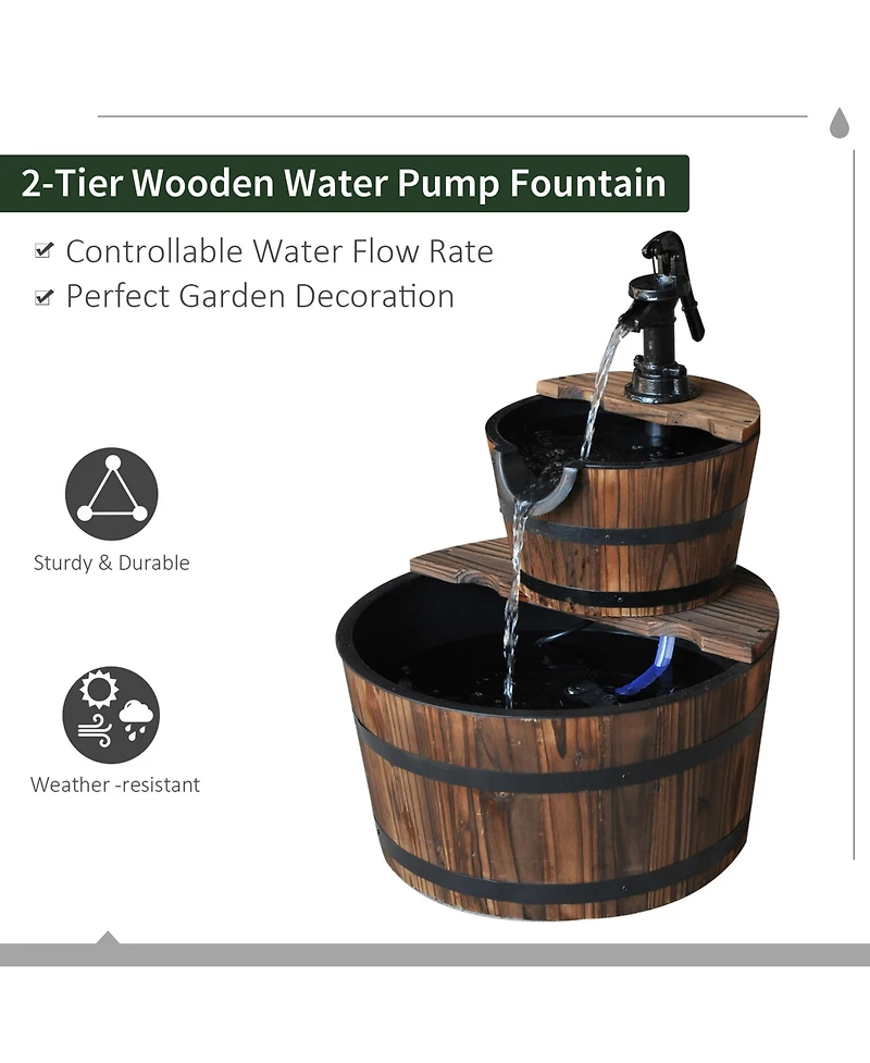 Outsunny 2 Tier Fountain Rustic Wood Barrel Water Fountain w/ Pump Garden Decor