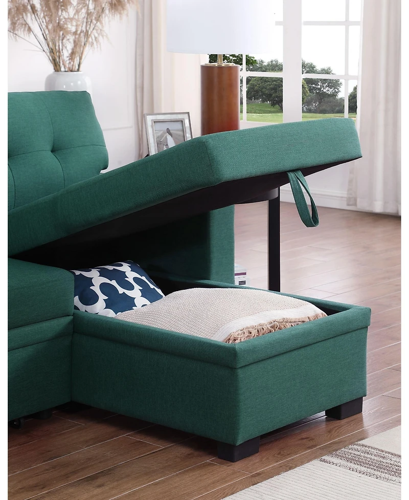 Homlux 3-Piece Linen Sectional Sofa with Pull-Out Sleeper, Storage Chaise & Cup Holder,Green