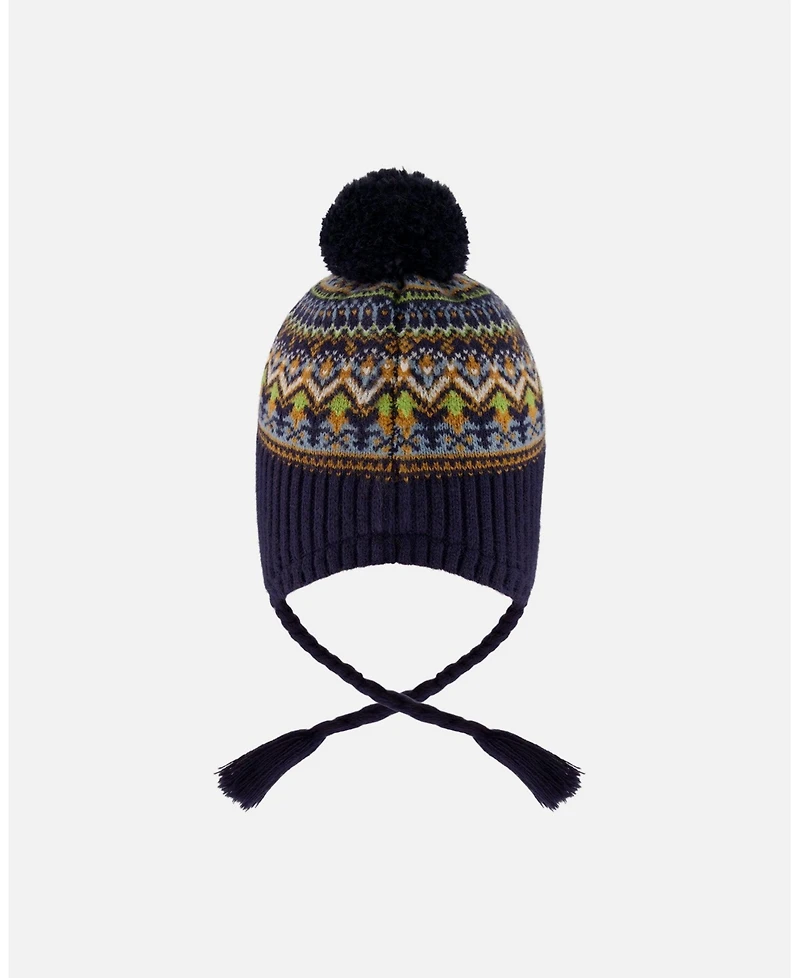 Deux par Boy Lined Peruvian Knit Hat with Pompom Taupe and Navy - Toddler|Child