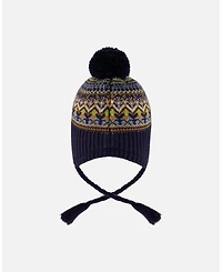 Deux par Boy Lined Peruvian Knit Hat with Pompom Taupe and Navy - Toddler|Child