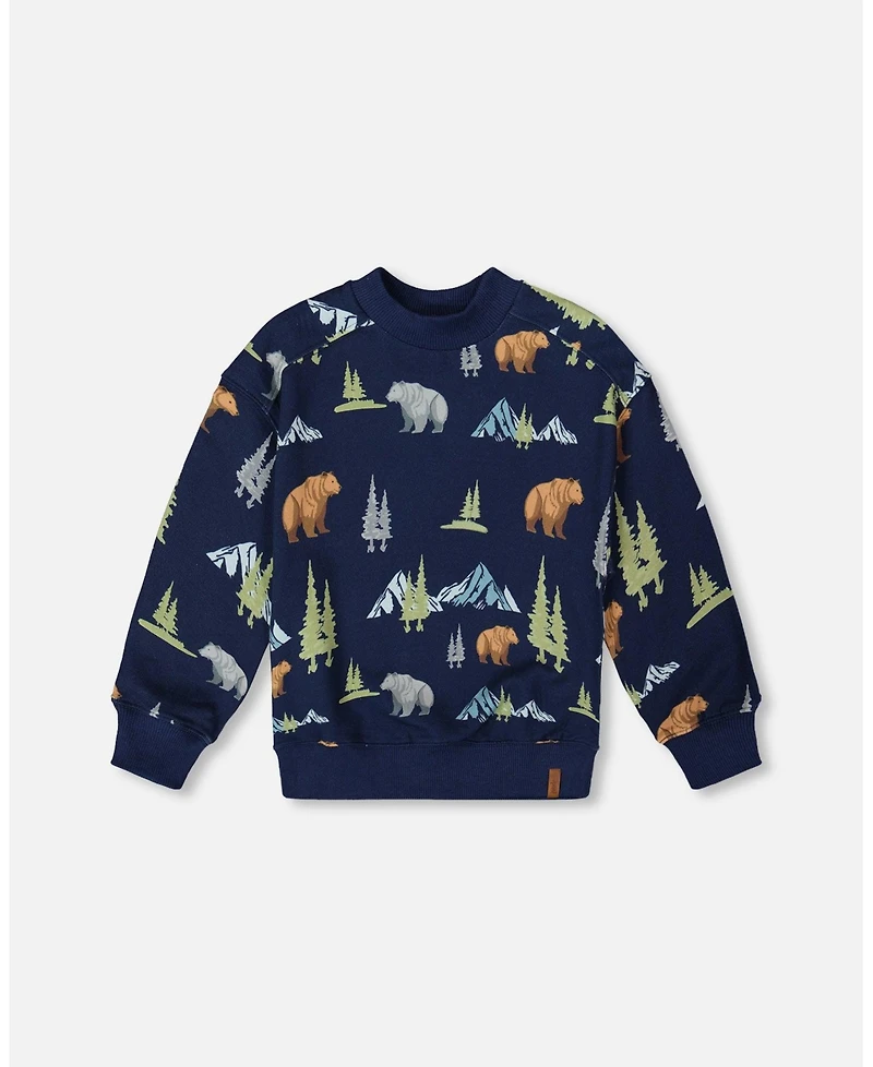 Deux par Boy Pullover Fleece Sweatshirt Navy Animal Print