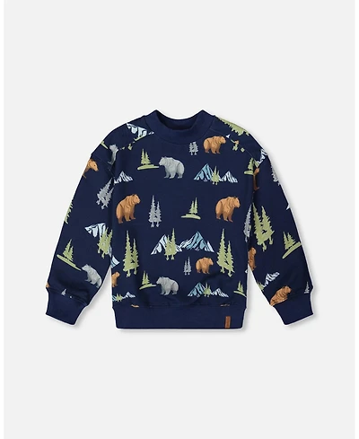Deux par Boy Pullover Fleece Sweatshirt Navy Animal Print