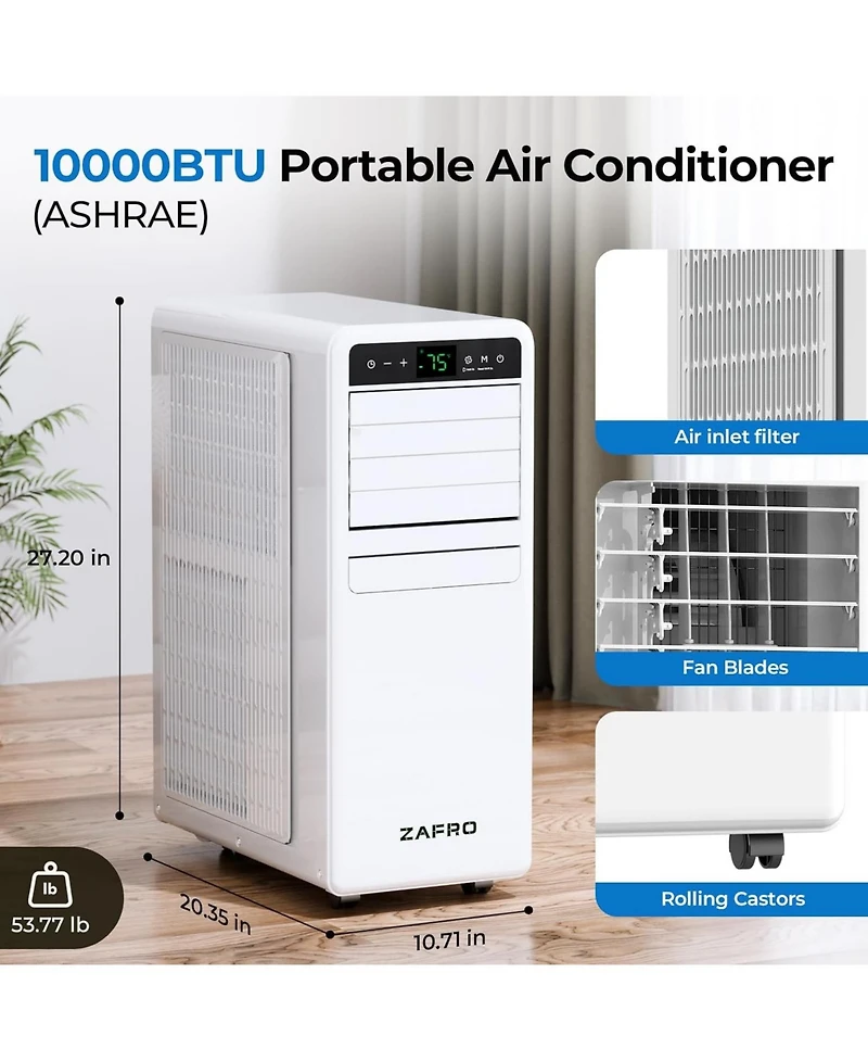 Zafro 10,000 Btu Portable Air Conditioner 3-in-1 with Fan, Dehumidifier & Drain-Free Cooling, App/Remote Control, Quiet 48dB, Sleep Mode, 24H Timer