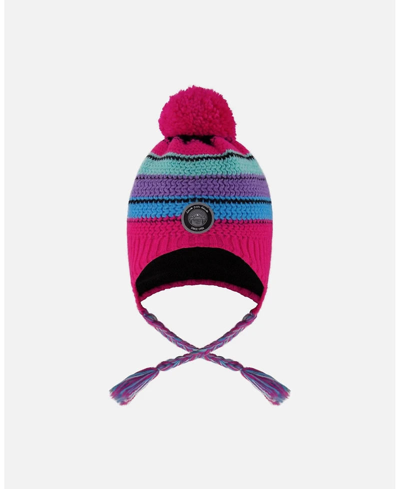 Deux par Girl Lined Peruvian Knit Pompom Hat Pink and Multicolor - Toddler|Child