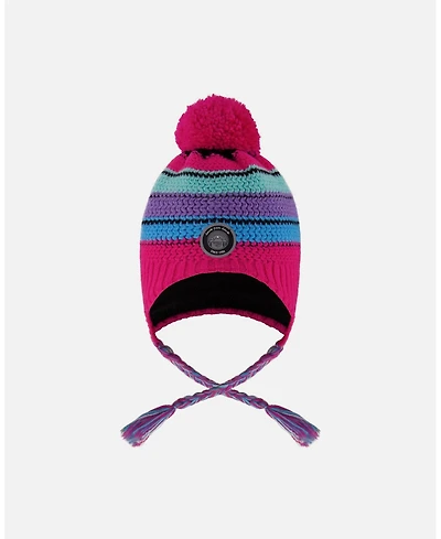 Deux par Girl Lined Peruvian Knit Pompom Hat Pink and Multicolor - Toddler|Child