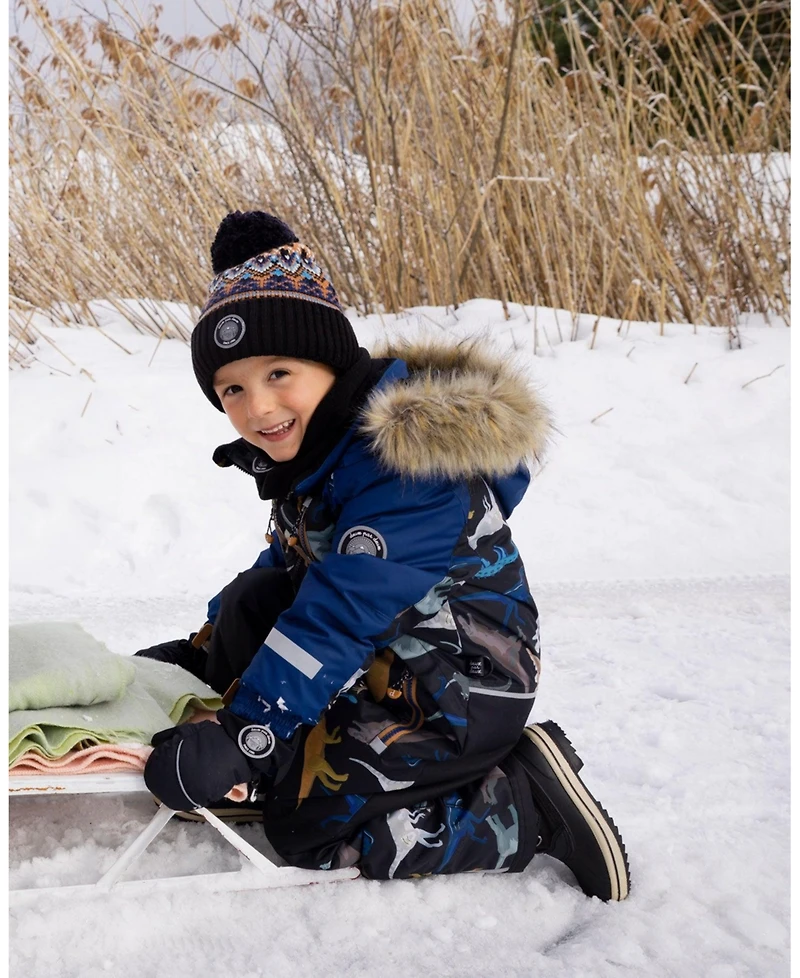 Deux par Boy Lined Knit Winter Hat with Pompom Taupe and Navy - Toddler|Child