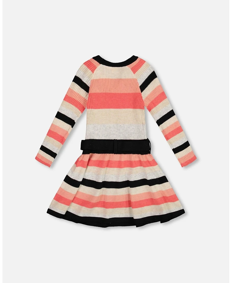 Deux par Big Girls Striped Knit Dress Beige Black and Pink