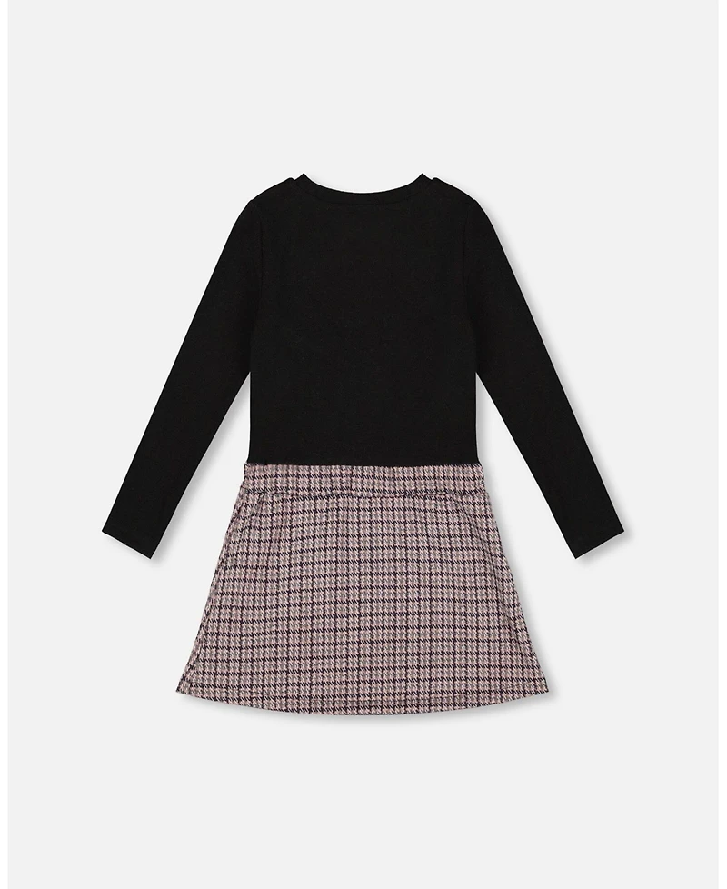 Deux par Big Girls Bi-Material Dress Black and Houndstooth