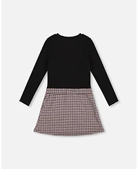 Deux par Big Girls Bi-Material Dress Black and Houndstooth