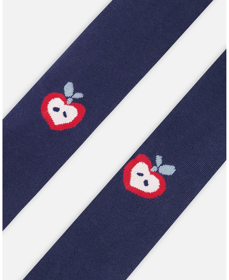 Deux par Girl Knit Tights Navy Blue with Apples - Toddler|Child