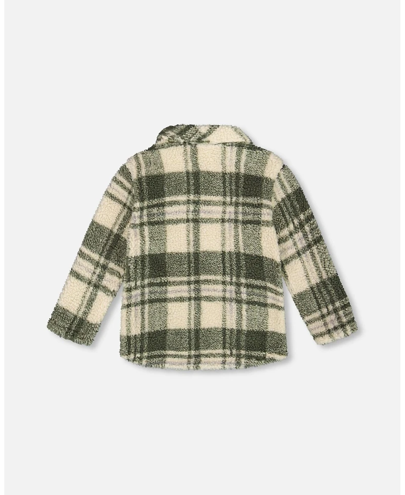 Deux par Boy Sherpa Long Sleeve Zip Front Overshirt Sage and Beige Plaid