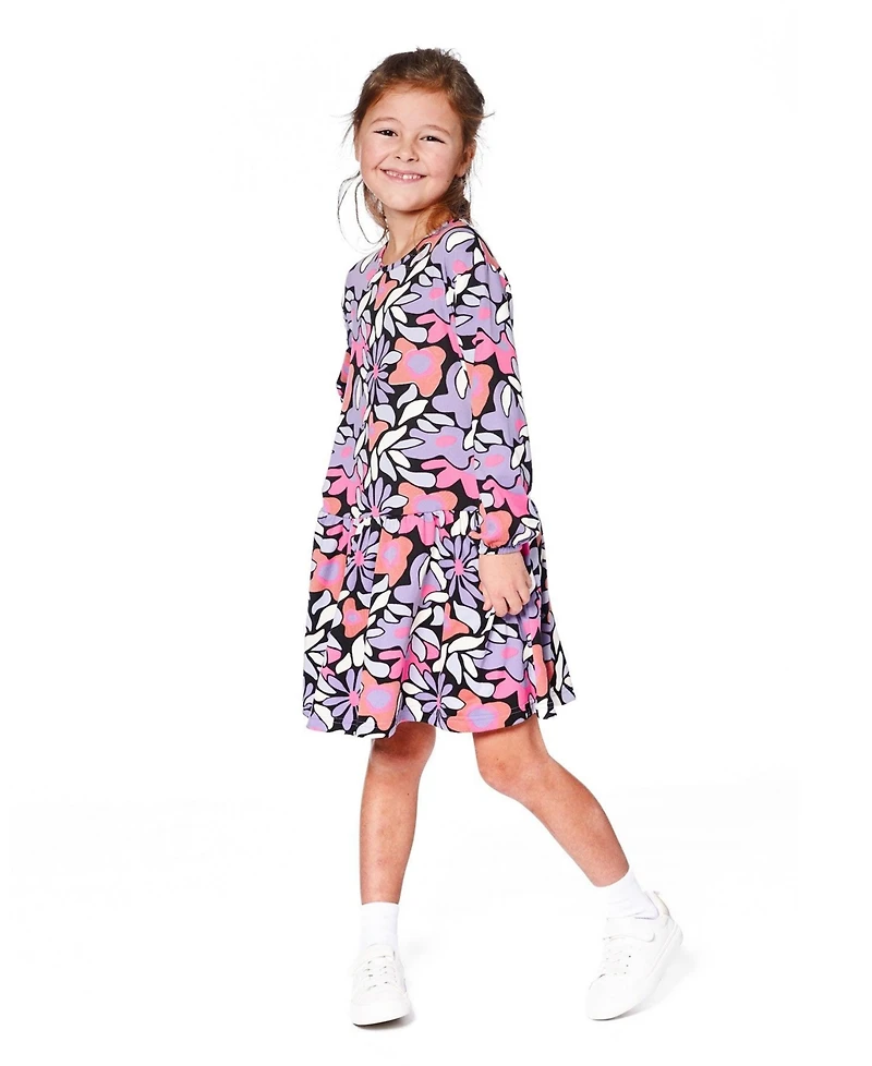 Deux par Girl Jersey Dress Black Retro Flower Print - Child