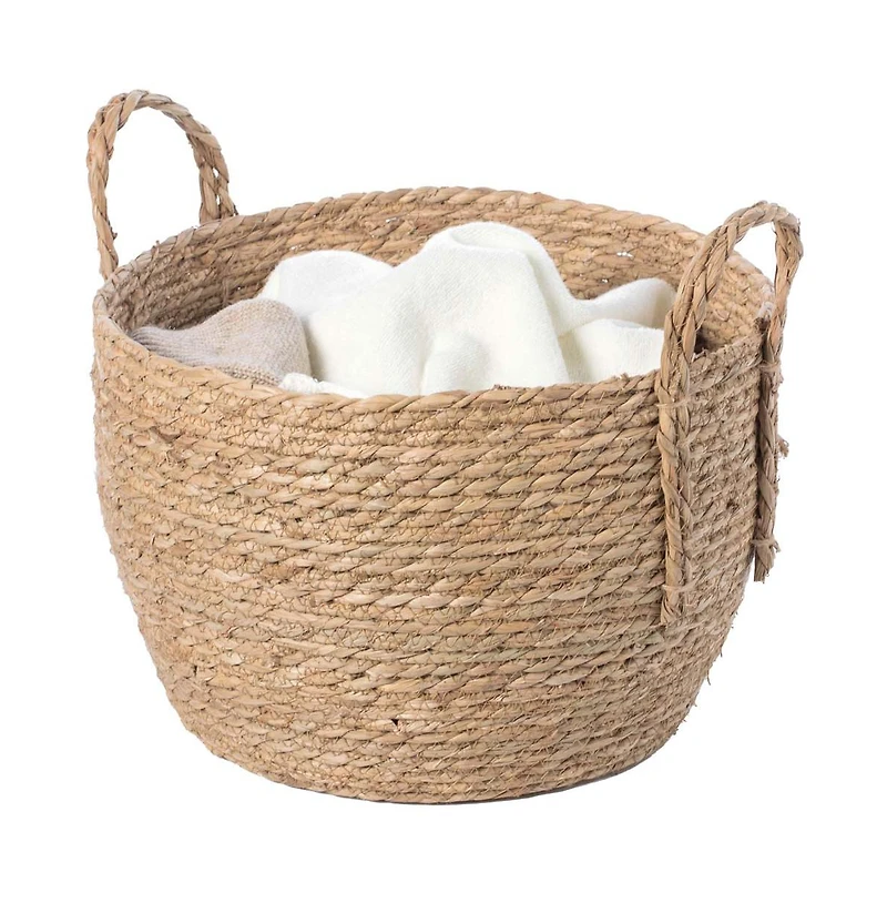 Wickerwise Decorative Round Wicker Woven Rope Storage Blanket Basket with Braided Handles