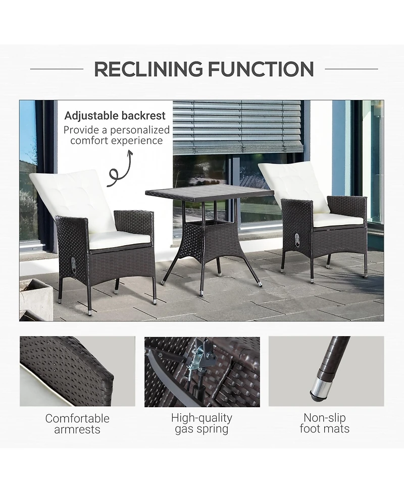 Outsunny 3pc Patio Furniture, Wicker Reclining Chairs & Table,