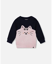 Deux par Girl Long Bi-Material Top Dark Blue with Cat