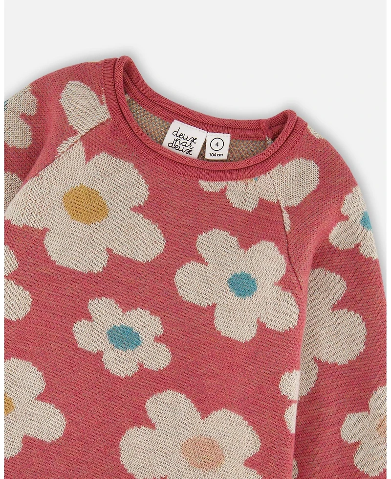 Deux par Toddler Girls Knitted Dress with Flower Jacquard Old Pink and Beige - Toddler|Child