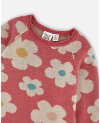 Deux par Toddler Girls Knitted Dress with Flower Jacquard Old Pink and Beige - Toddler|Child
