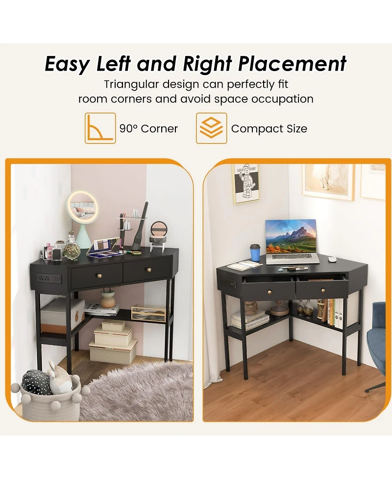 Mecale Space Saving Corner Computer Desk with 2 Large Drawers