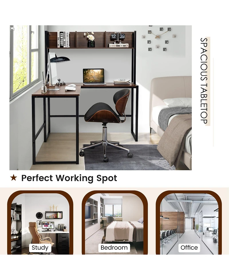 Mecale Industrial L-Shaped Desk Bookshelf 55 Inch Corner Computer Gaming Table