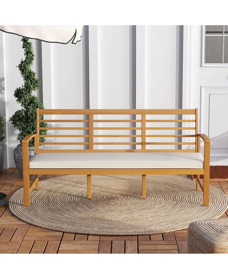 Gymax 3-Seat Patio 64 Inch Wood Bench w/ Seat Cushion Slatted Seat & Backrest Outdoor